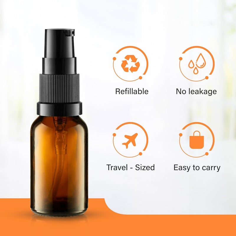 VitalUp 12 Pack Empty Refillable Glass Amber Pump Bottle Ideal for Lotion Cream Essential Oil Travel Small Container, 15ml - Image 3